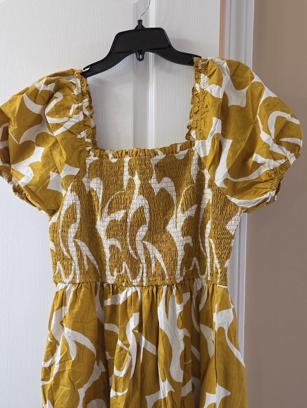 Smocked Puff-Sleeve Midi Dress in Mustard Yellow and White